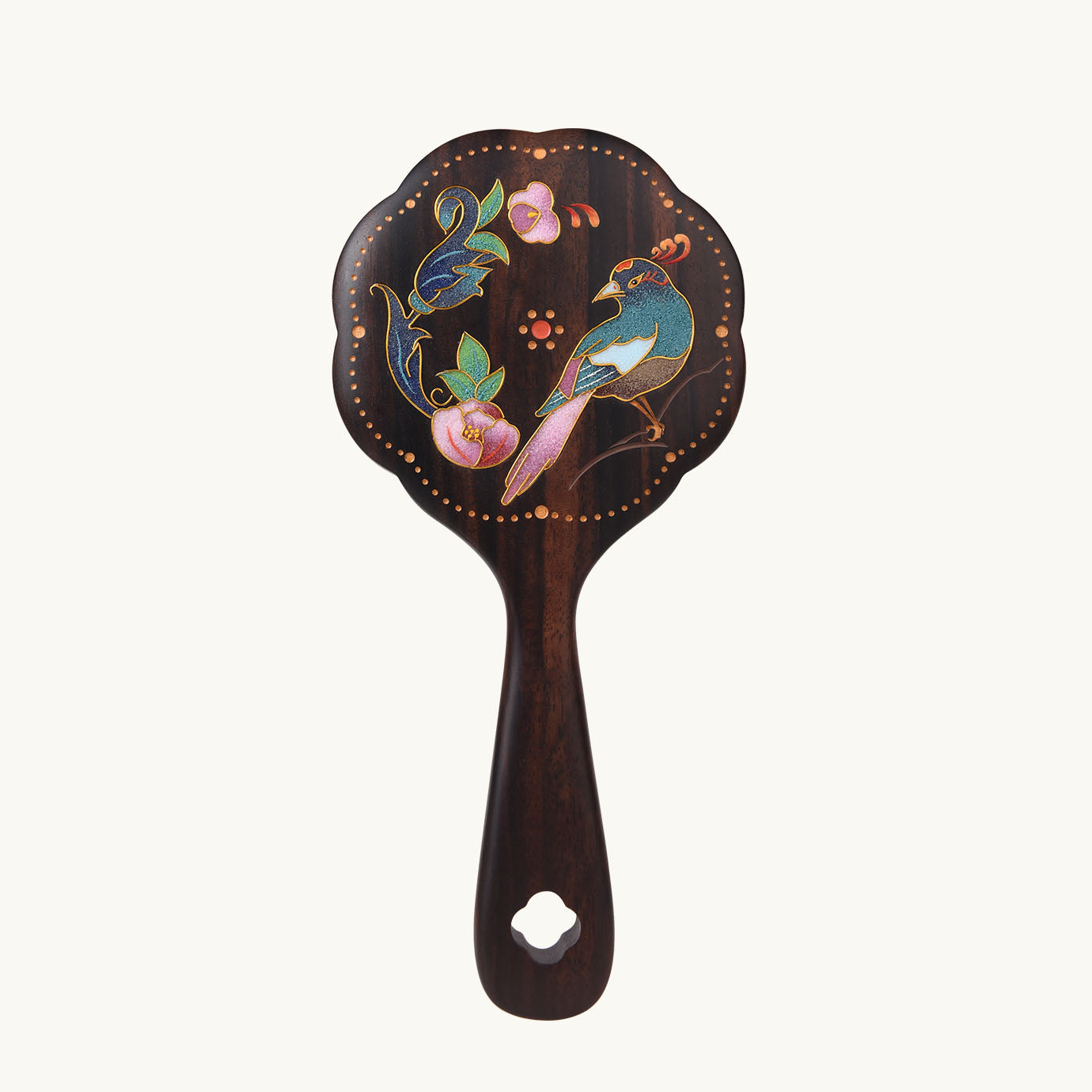 Specchio portatile in legno smaltato cloisonné con decorazioni di fiori e uccelli.