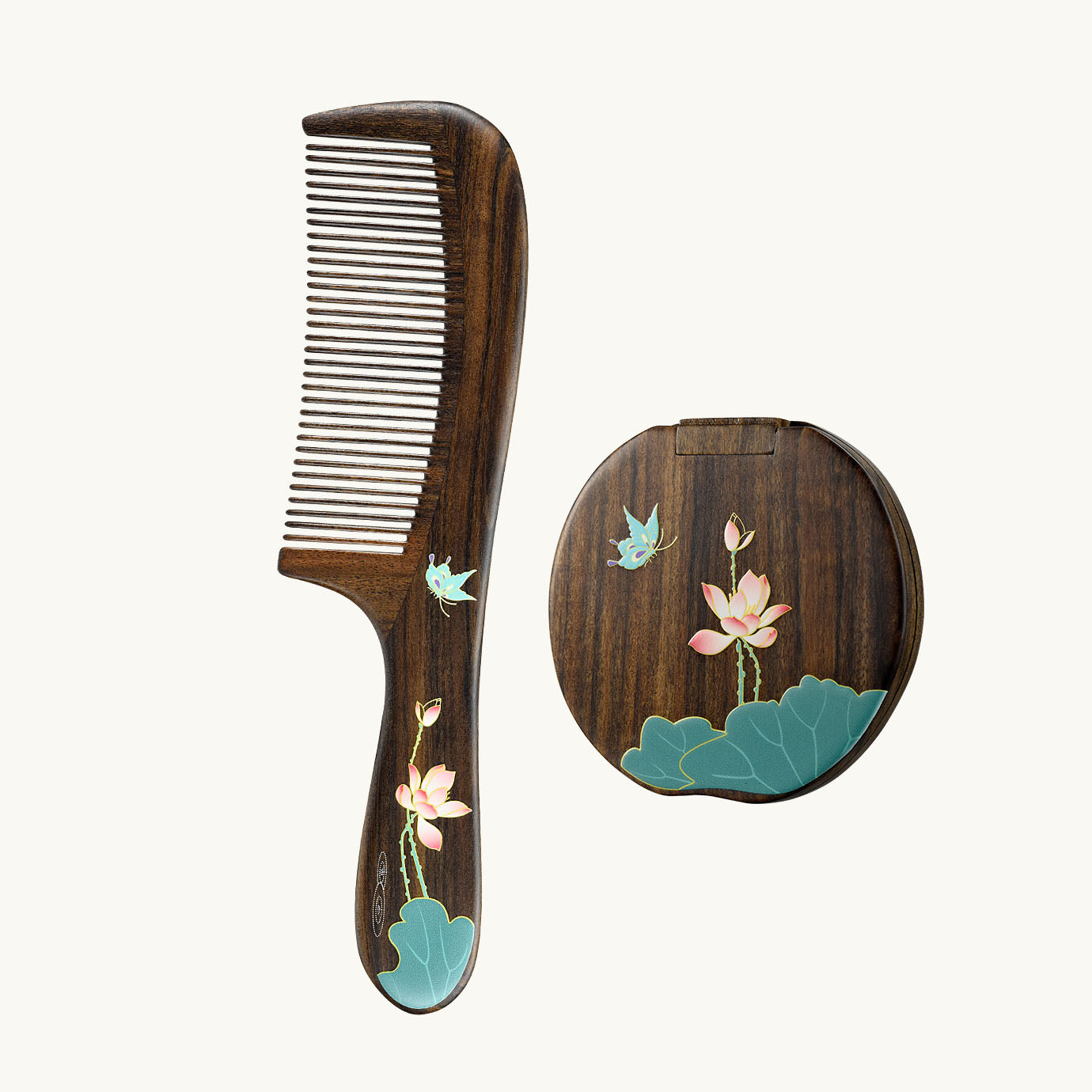 Set composto da pettine e specchietto in legno (farfalla e loto)